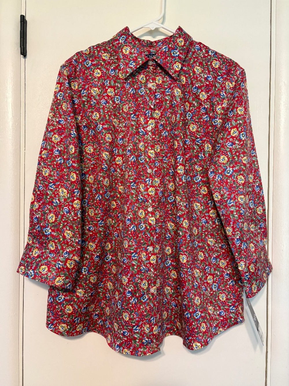Ralph Lauren CHAPS Women's Plus Red Floral No Iron Button-Front Shirt Top 1X NWT
